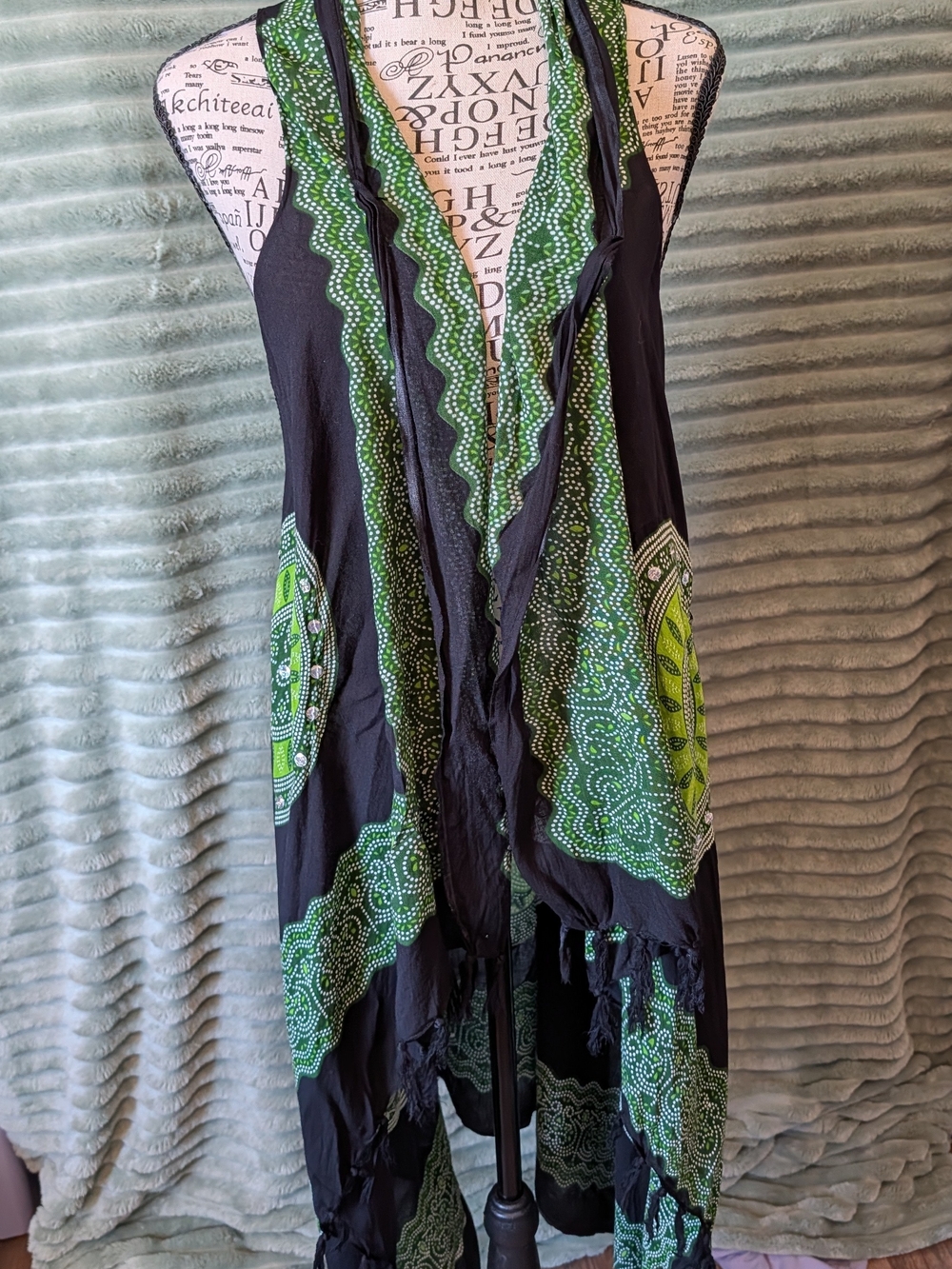 Boho Green Printed Sleeveless Duster Vest